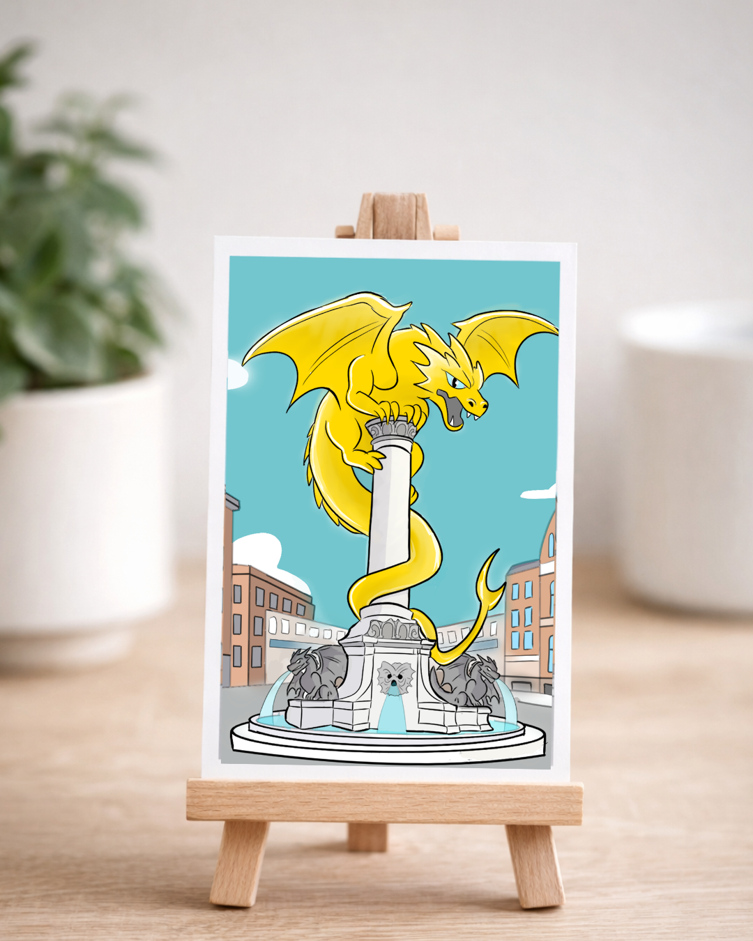 Mini illustratie van de Gouden Draak op de Drakenfontein in Den Bosch op een houten ezeltje