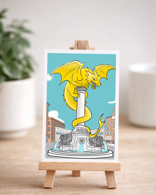 Mini illustratie van de Gouden Draak op de Drakenfontein in Den Bosch op een houten ezeltje